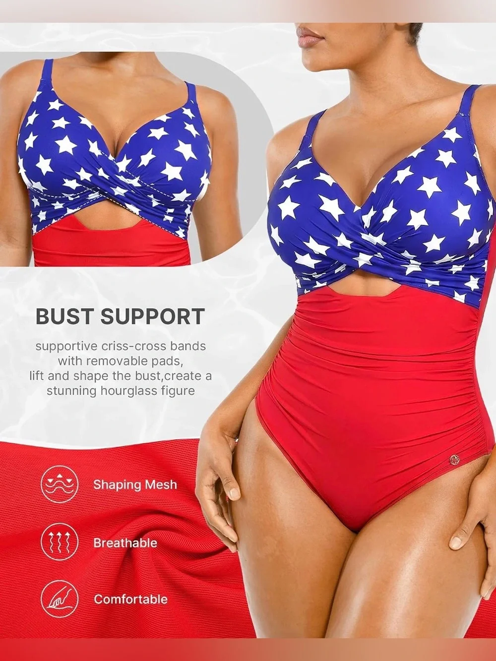 SHAPELLX Tummy Control Swimsuit Women V Neck Bathing Ruched Push Up Built-in Bra